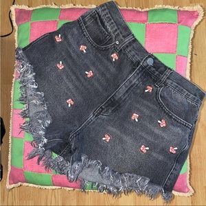 COPY - High waisted jean shorts with embroidered mushrooms